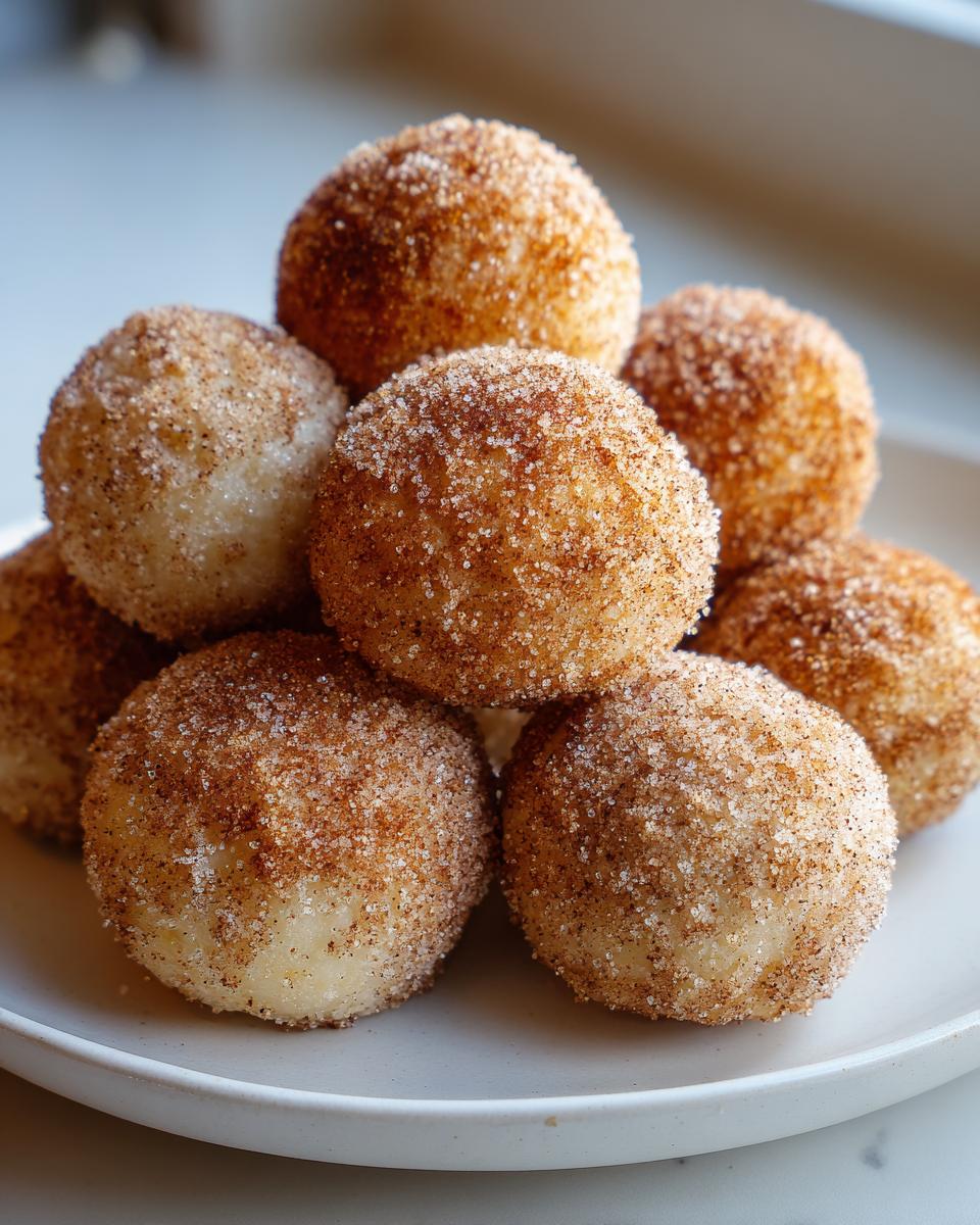 A stack of freshly made cinnamon sugar snowball cookies coated heavily in sparkling cinnamon sugar mixture.