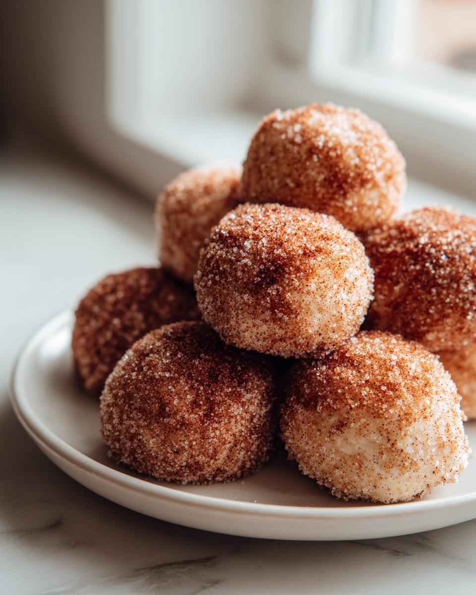 A stack of freshly made cinnamon sugar snowball cookies heavily coated in cinnamon and granulated sugar.