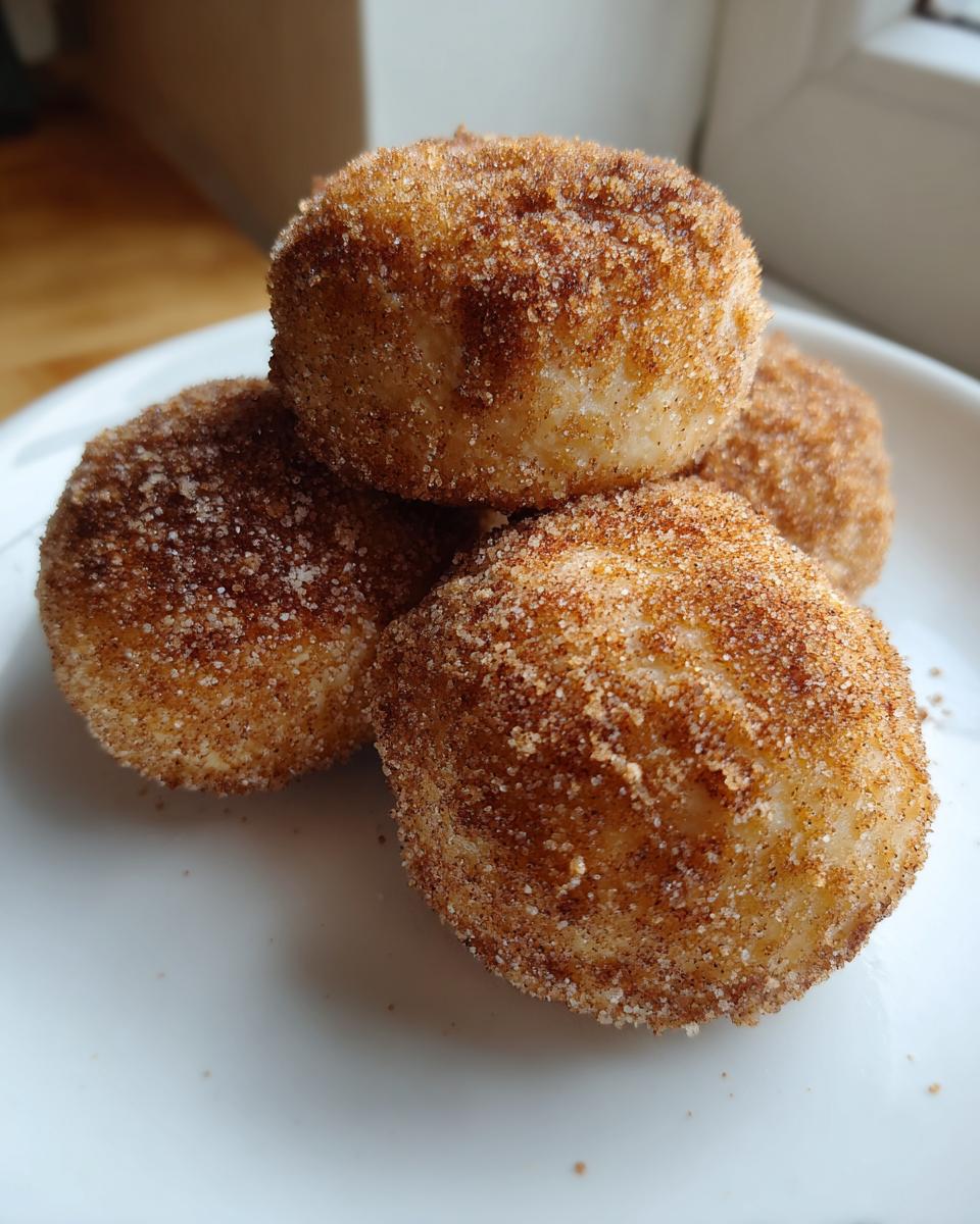 A stack of four freshly made cinnamon sugar snowball cookies heavily coated in sparkling cinnamon sugar mixture.