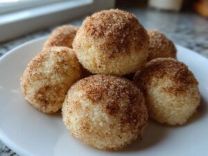A close-up stack of melt-in-mouth cinnamon sugar snowball cookies coated in sparkling sugar and spice.