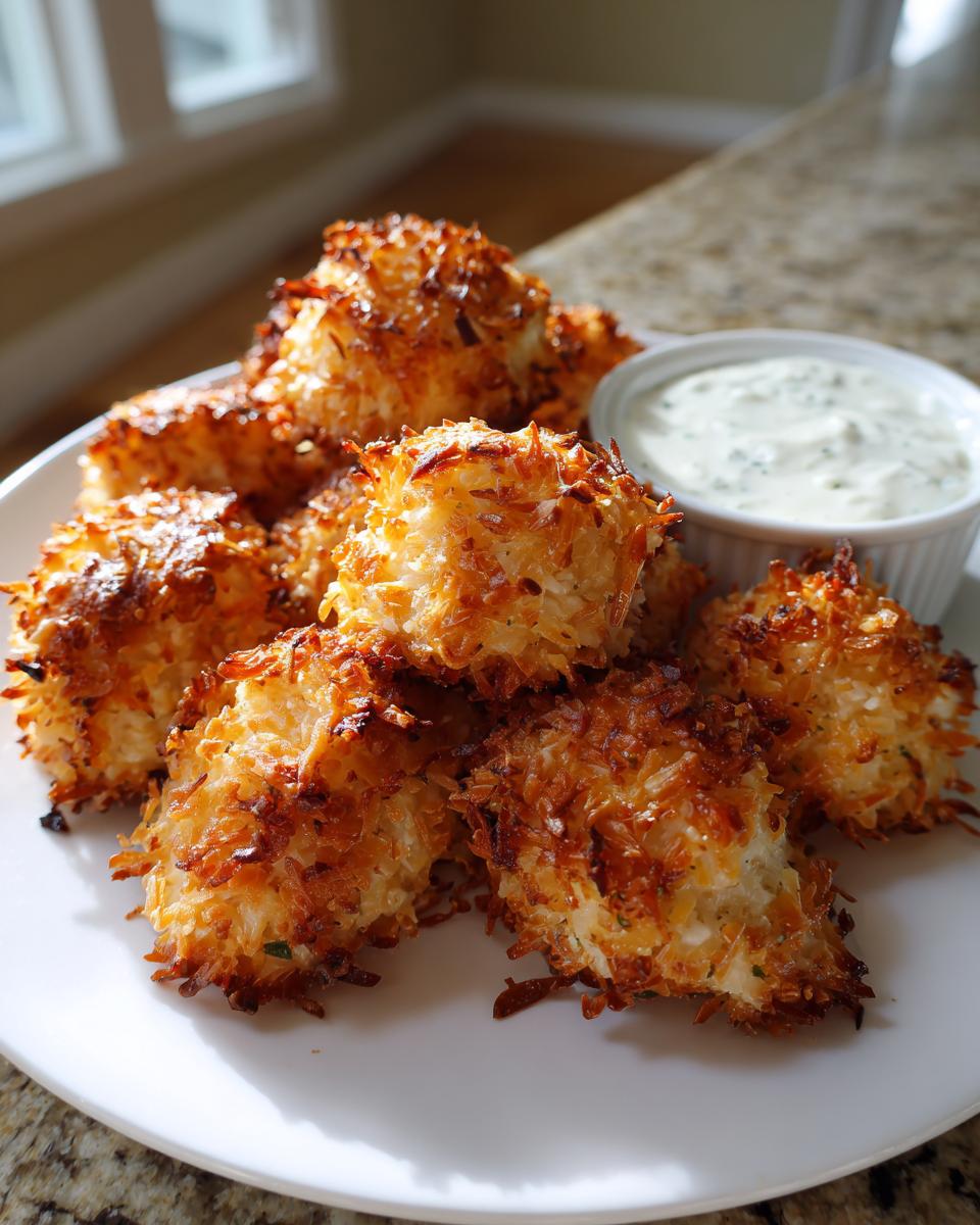 A plate of crispy, golden brown coconut chicken bites served with a small bowl of creamy white dipping sauce.
