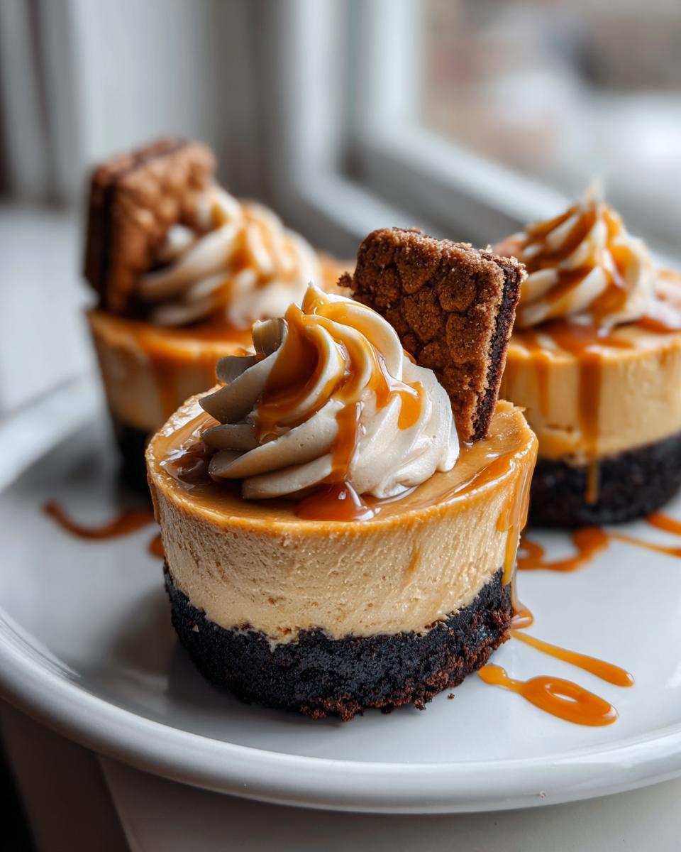 Three individual cookie butter cheesecake cups with dark crusts, topped with whipped cream, caramel drizzle, and a cookie piece.