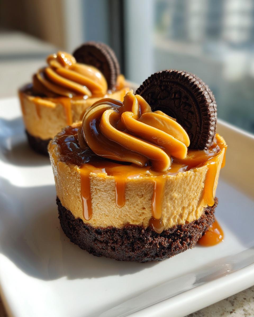 Close-up of two cookie butter cheesecake cups topped with caramel swirl and a chocolate cookie.