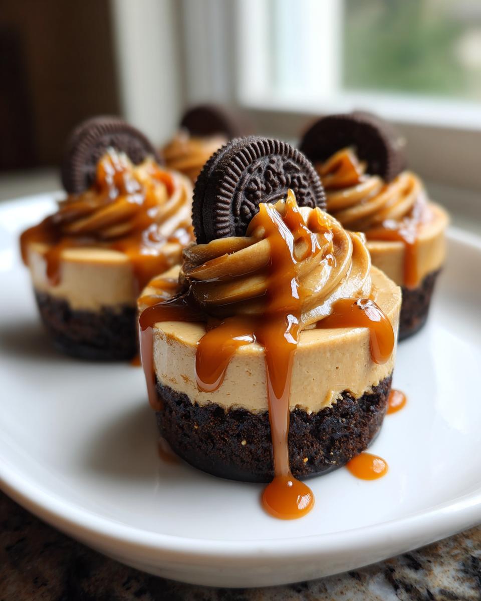 Close-up of delicious cookie butter cheesecake cups topped with caramel sauce and a chocolate sandwich cookie.