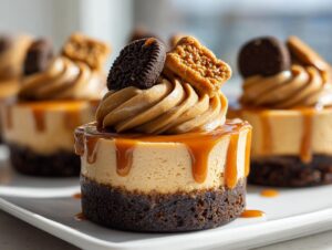 A close-up of one of the amazing cookie butter cheesecake cups topped with caramel and cookies.