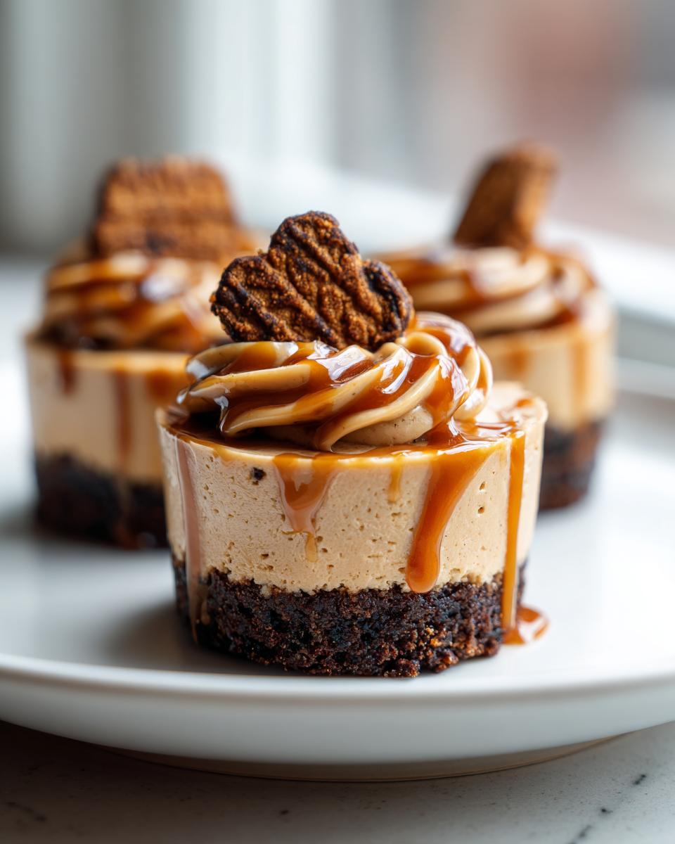 A close-up of one of the amazing cookie butter cheesecake cups topped with caramel drizzle and a cookie.