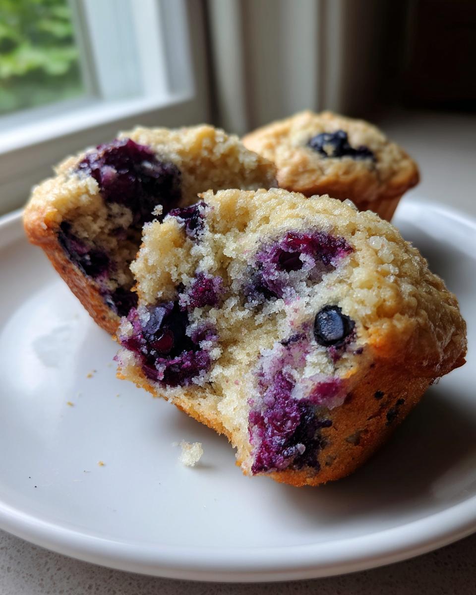 Close-up of a moist cottage cheese blueberry muffin broken in half, showing the tender crumb and burst blueberries.