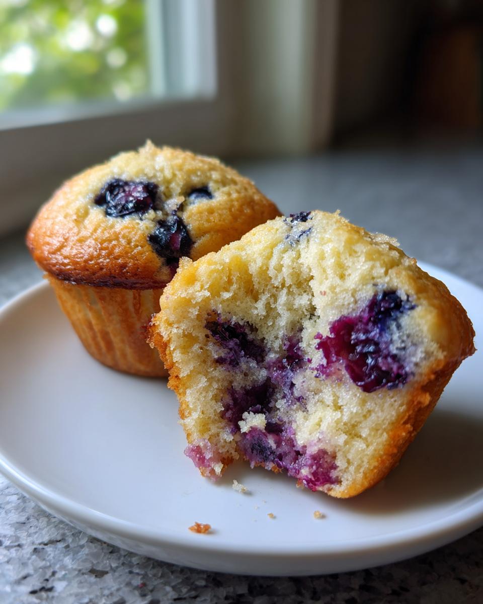 Close-up of moist cottage cheese blueberry muffins, one broken open showing the vibrant purple blueberry filling.
