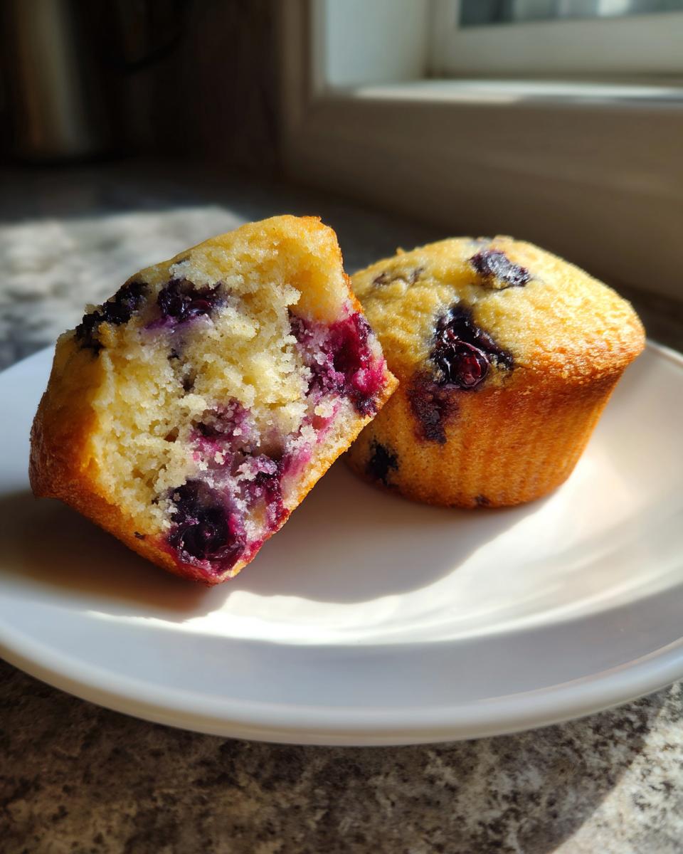 Close-up of a cottage cheese blueberry muffin cut in half showing the moist, berry-filled interior.
