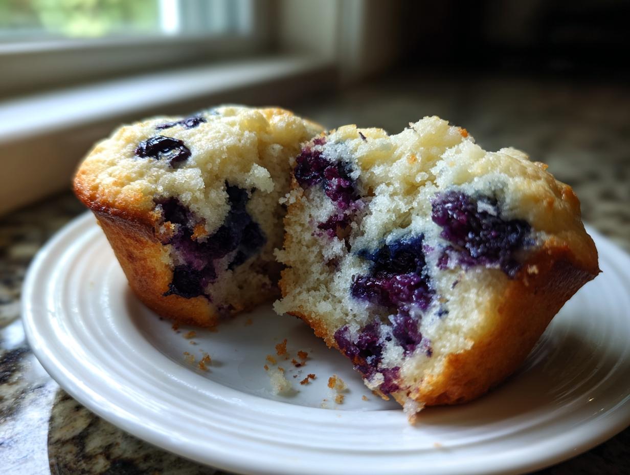 Close-up of a cottage cheese blueberry muffin broken in half, showing moist interior and burst blueberries.