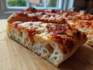 Close-up showing the airy interior structure of a slice of cottage cheese pizza crust topped with melted cheese and sauce.
