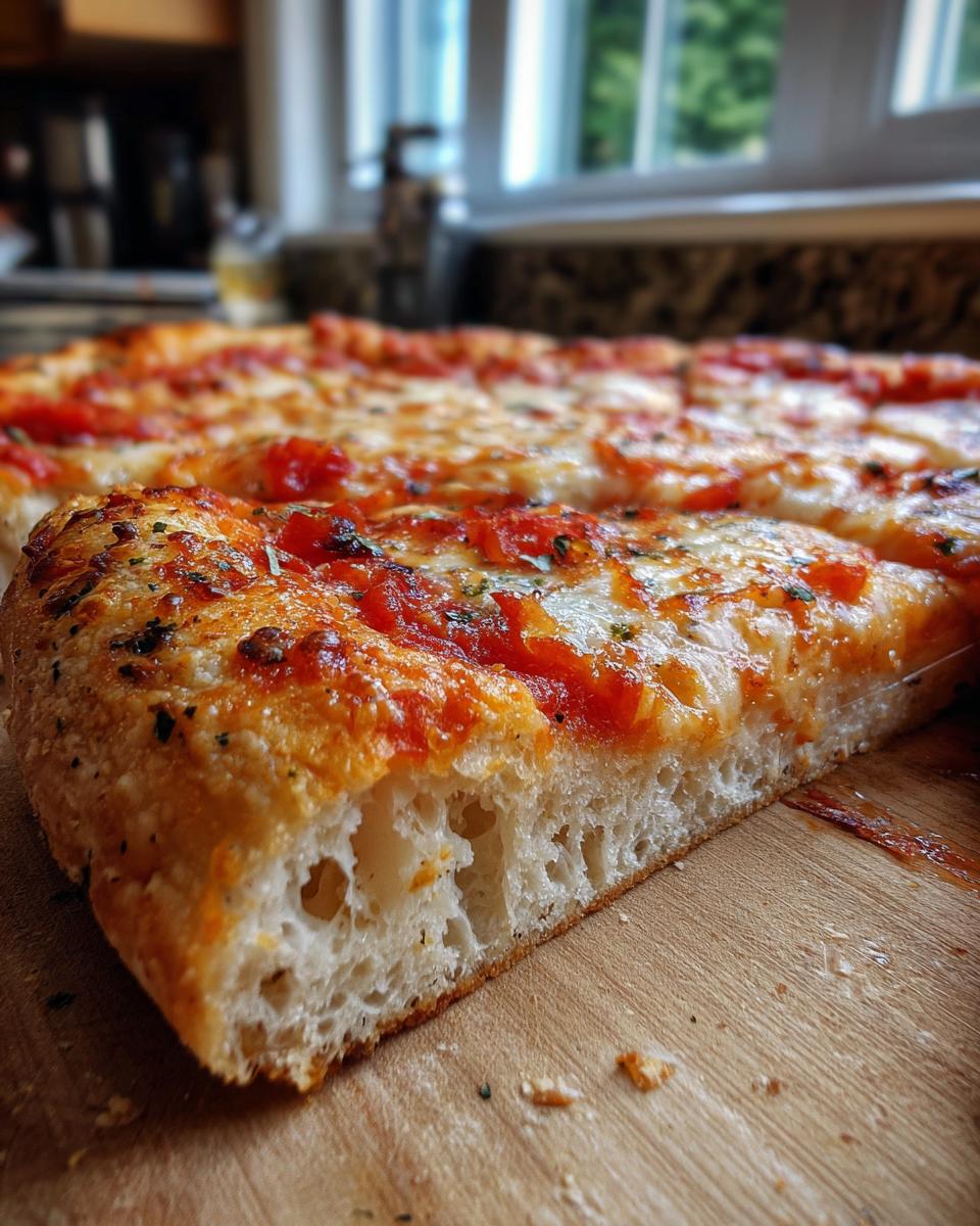 Close-up of a slice showing the airy interior of the cottage cheese pizza crust topped with sauce and cheese.