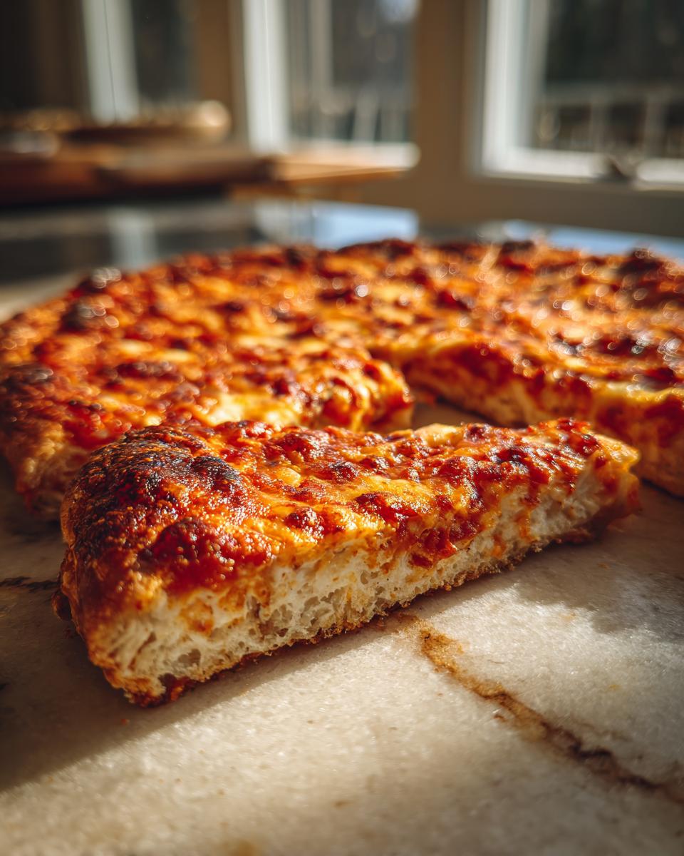 A close-up shot of a slice of pizza showing the thick, airy cottage cheese pizza crust topped with melted cheese and sauce.