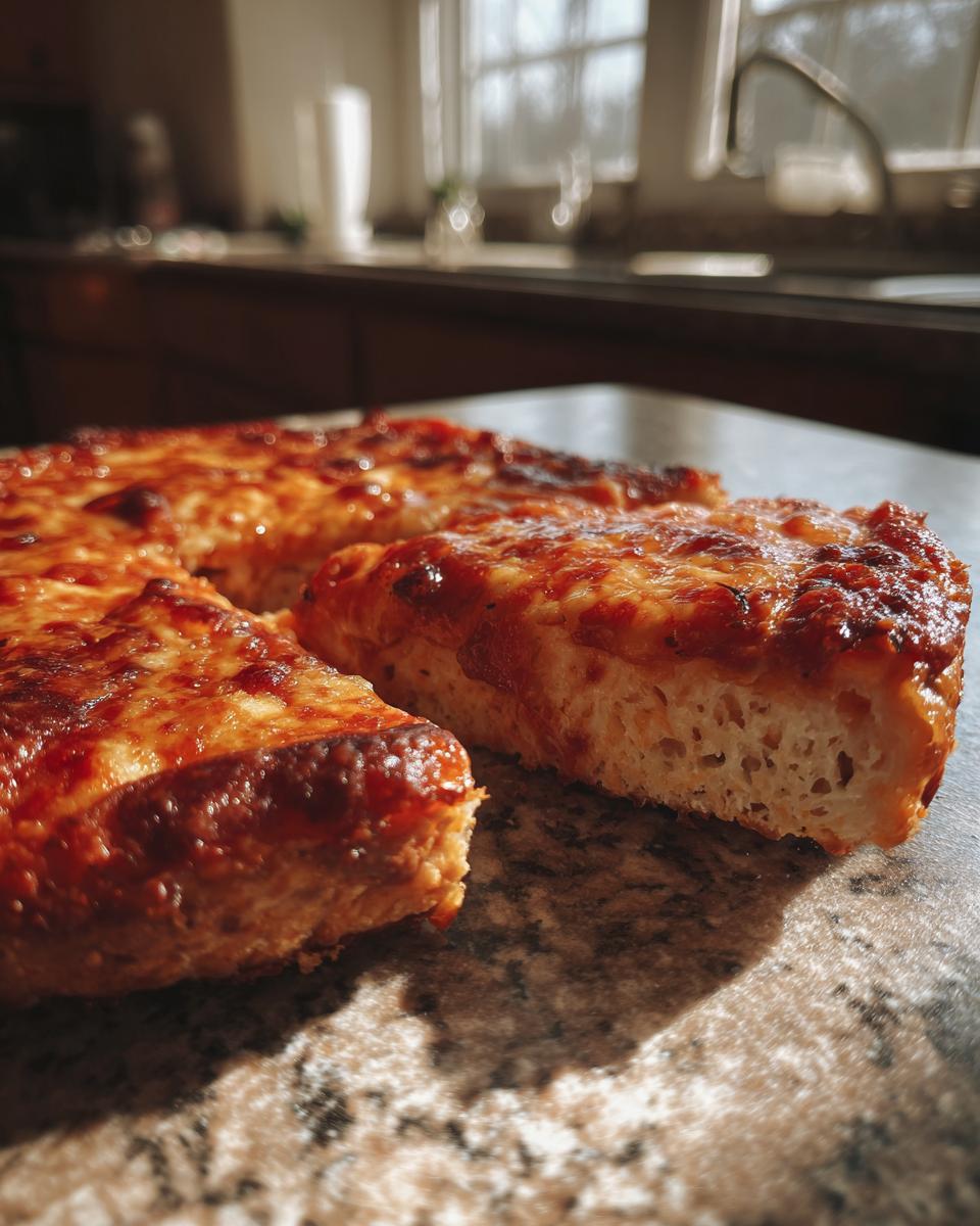 Close-up of thick, fluffy cottage cheese pizza crust topped with melted cheese and sauce, sliced on a granite counter.