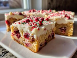 A square slice of cranberry bliss bars topped with thick white frosting, sprinkles, and dried cranberries.