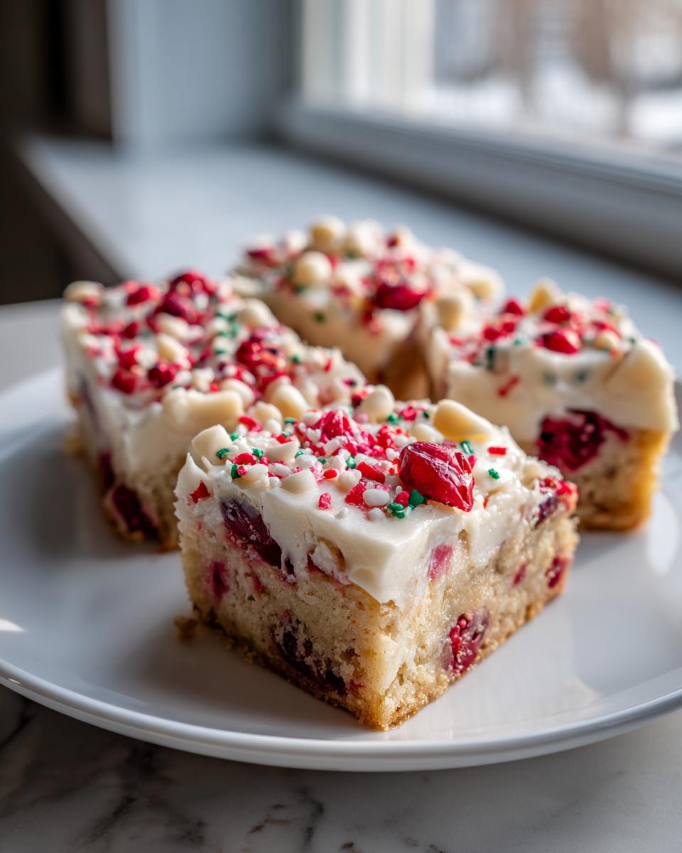 Four squares of moist cranberry bliss bars topped with white frosting, white chocolate chips, and festive red and green sprinkles.