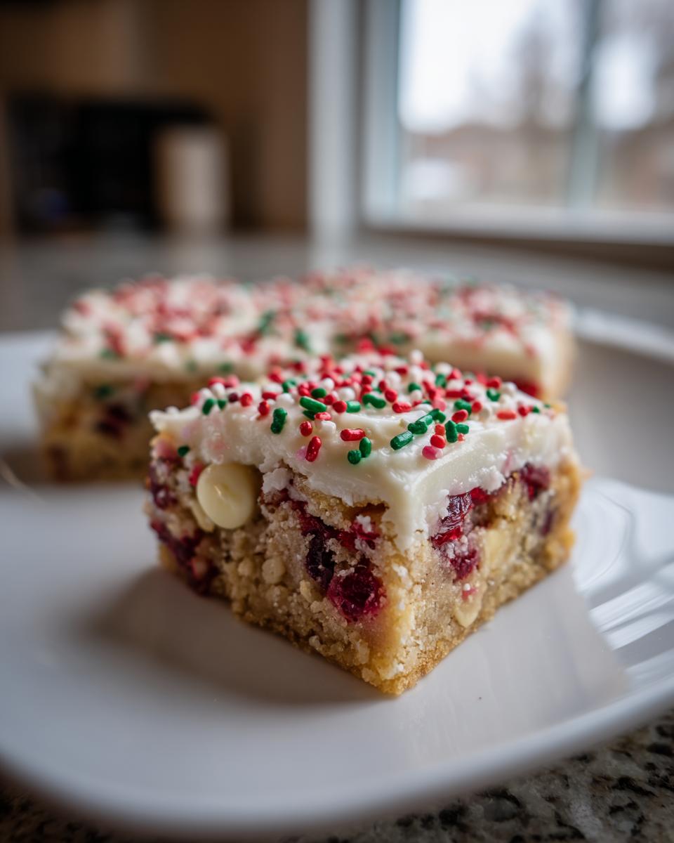 A square slice of cranberry bliss bars topped with white frosting and red and green holiday sprinkles.