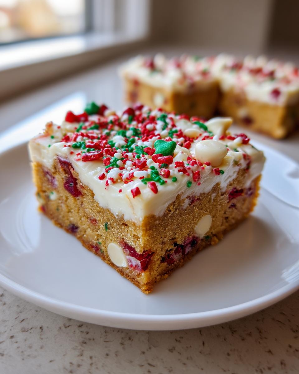 A single square of cranberry bliss bars topped with white frosting and red and green holiday sprinkles.