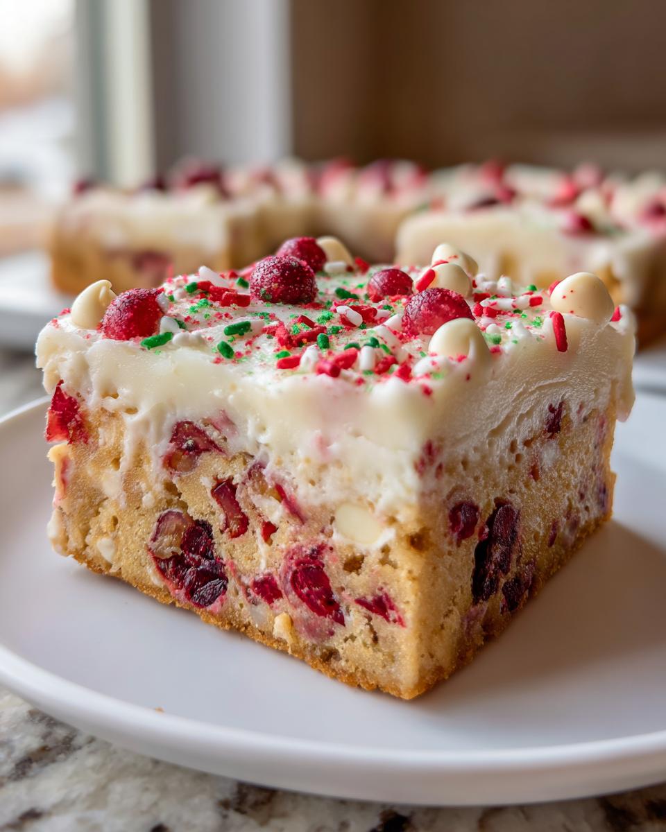 A square serving of cranberry bliss bars featuring a dense base, white frosting, and festive red and green sprinkles.