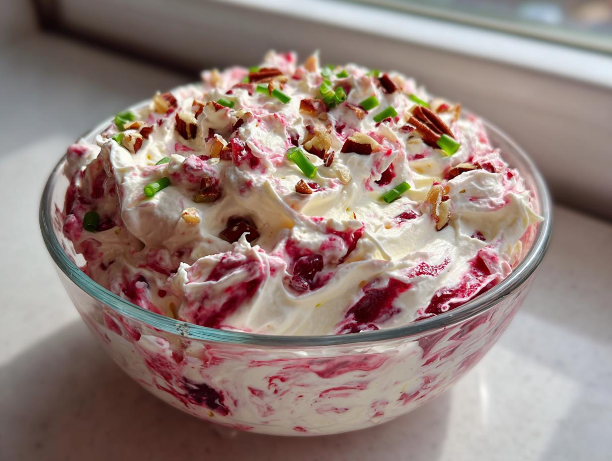 A glass bowl filled with vibrant cranberry jalapeno cream cheese dip, topped with pecans and chives.