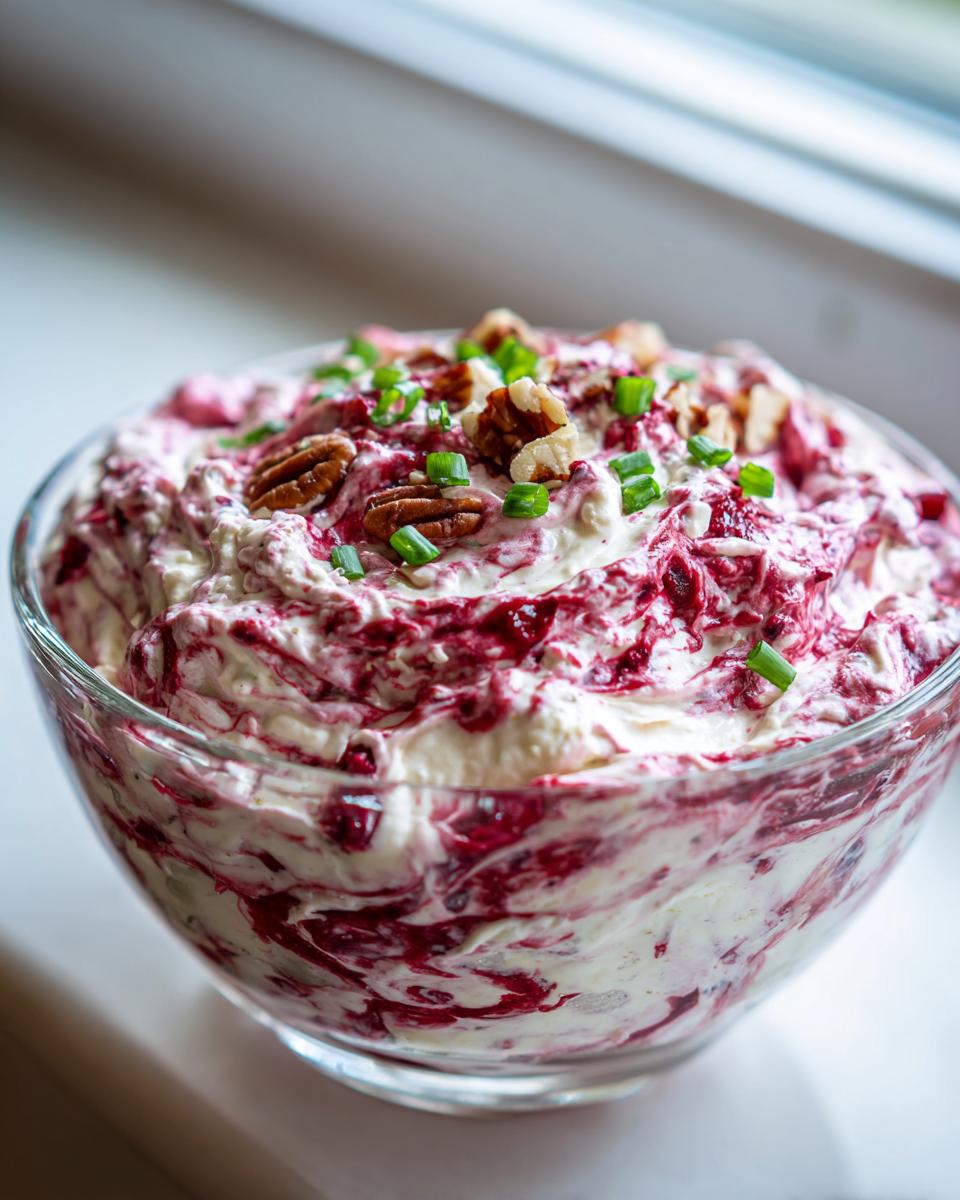 Close-up of cranberry jalapeno cream cheese dip swirled with red and white, topped with pecans and chives.