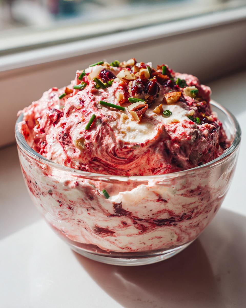 Close-up of cranberry jalapeno cream cheese dip swirled with red cranberry sauce, topped with nuts and chives.
