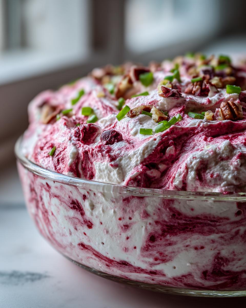 Close-up of a vibrant cranberry jalapeno cream cheese dip, swirled pink and white, topped with pecans and chives.