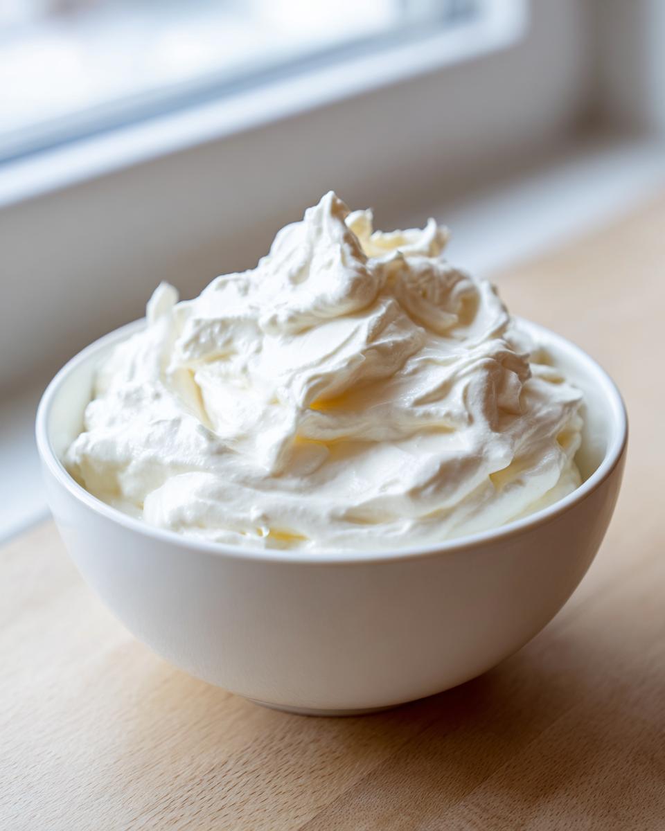 A white bowl filled with creamy, whipped base ingredient for the 5-minute garlic sauce.