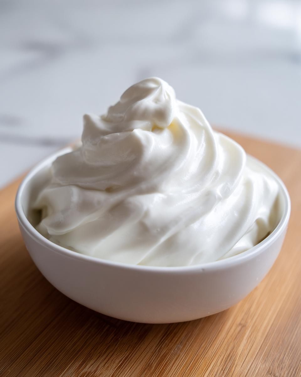 A close-up of a white bowl filled with thick, swirled, creamy white sauce, likely the base for garlic sauce.