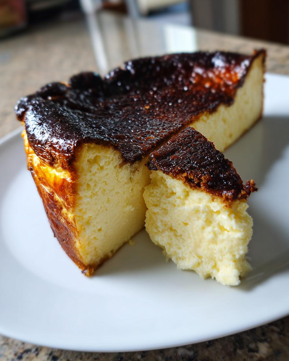 Close-up of a creamy slice of basque cheesecake with a deeply caramelized, almost burnt top, served on a white plate.