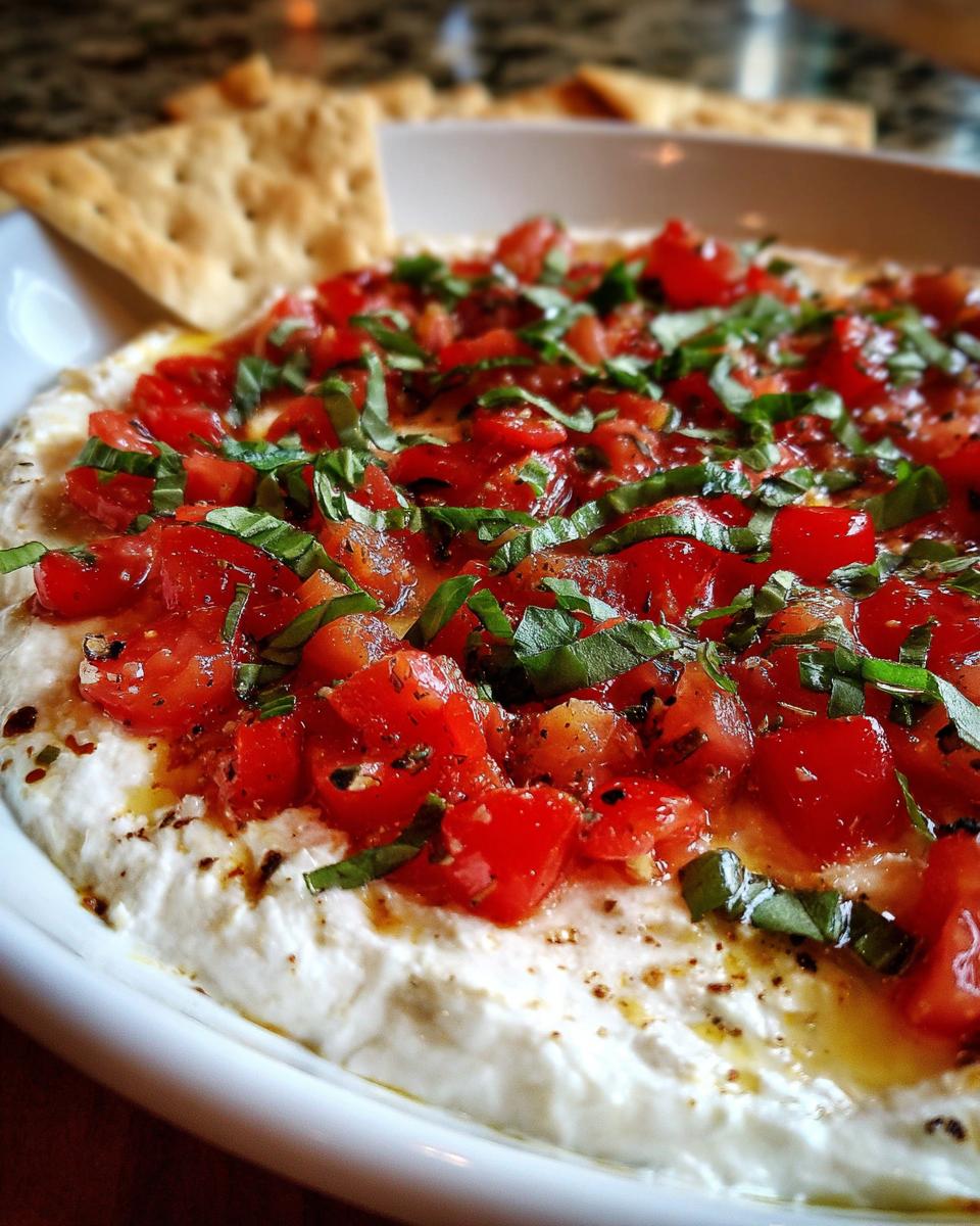 Close-up of a creamy white cheese base topped with diced tomatoes, fresh basil, and olive oil, served with crackers for the bruschetta dip.