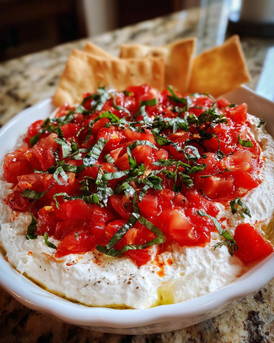 A white bowl filled with creamy bruschetta dip topped with diced tomatoes and fresh basil, served with pita chips.