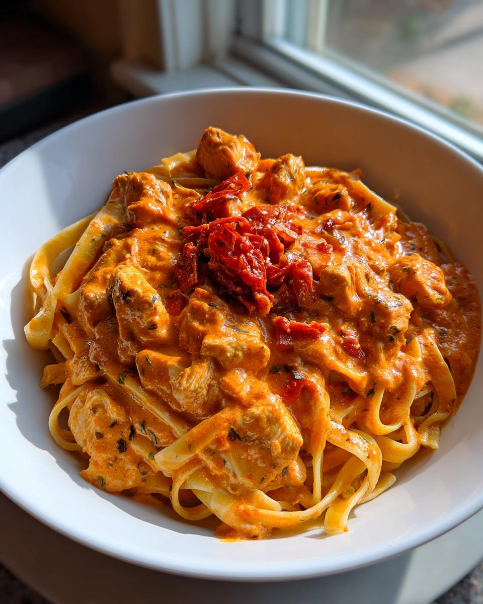 A close-up of creamy Cajun chicken pasta with fettuccine, chicken chunks, and sun-dried tomatoes in a white bowl.