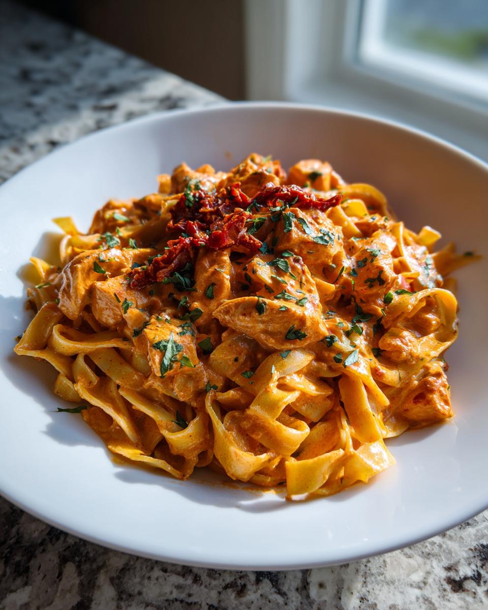A close-up of creamy Cajun chicken pasta featuring fettuccine noodles, chicken pieces, and sun-dried tomatoes.