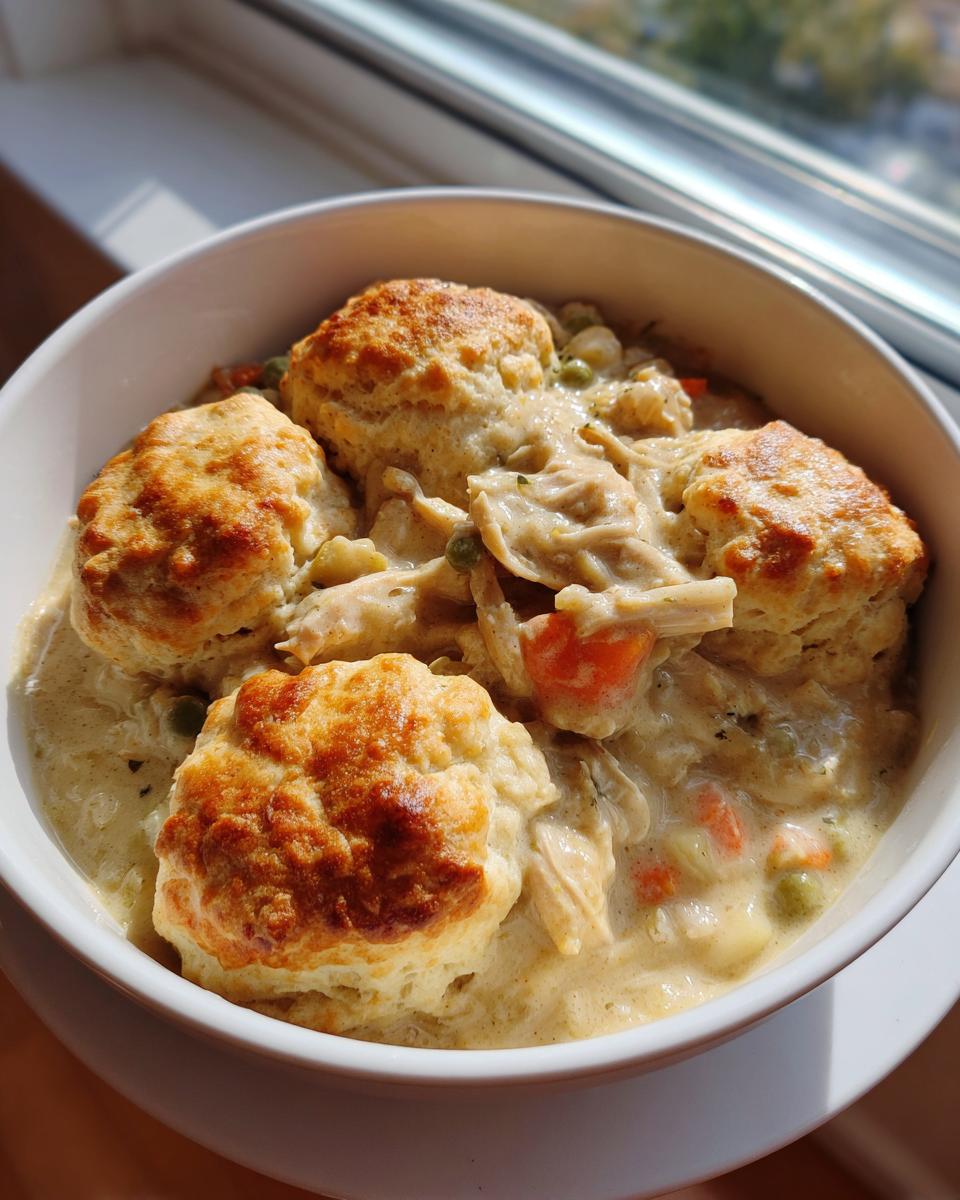A close-up of creamy chicken and dumplings with biscuits, served in a white bowl near a sunny window.