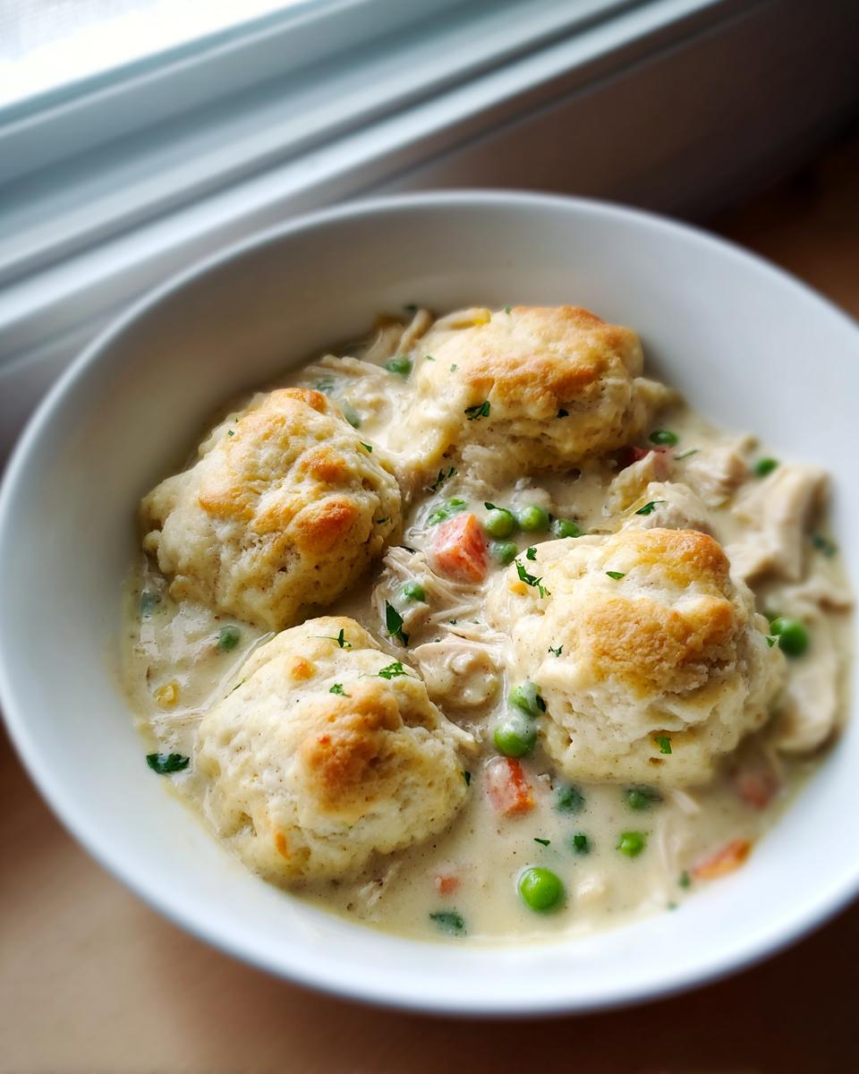 A close-up of creamy chicken and dumplings with biscuits, peas, and carrots in a white bowl.