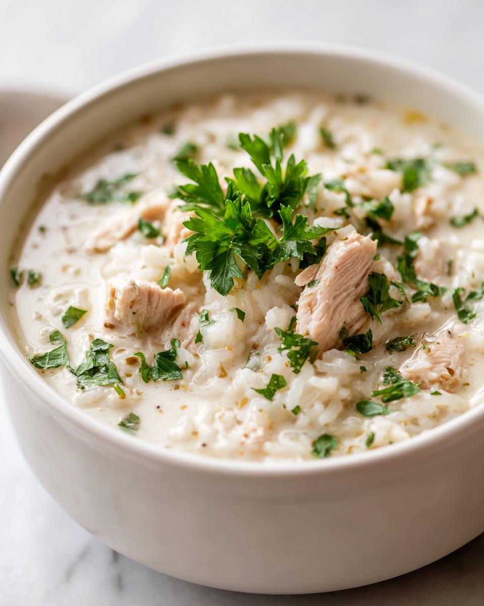 Close-up of creamy chicken and rice soup, topped with fresh parsley garnish.