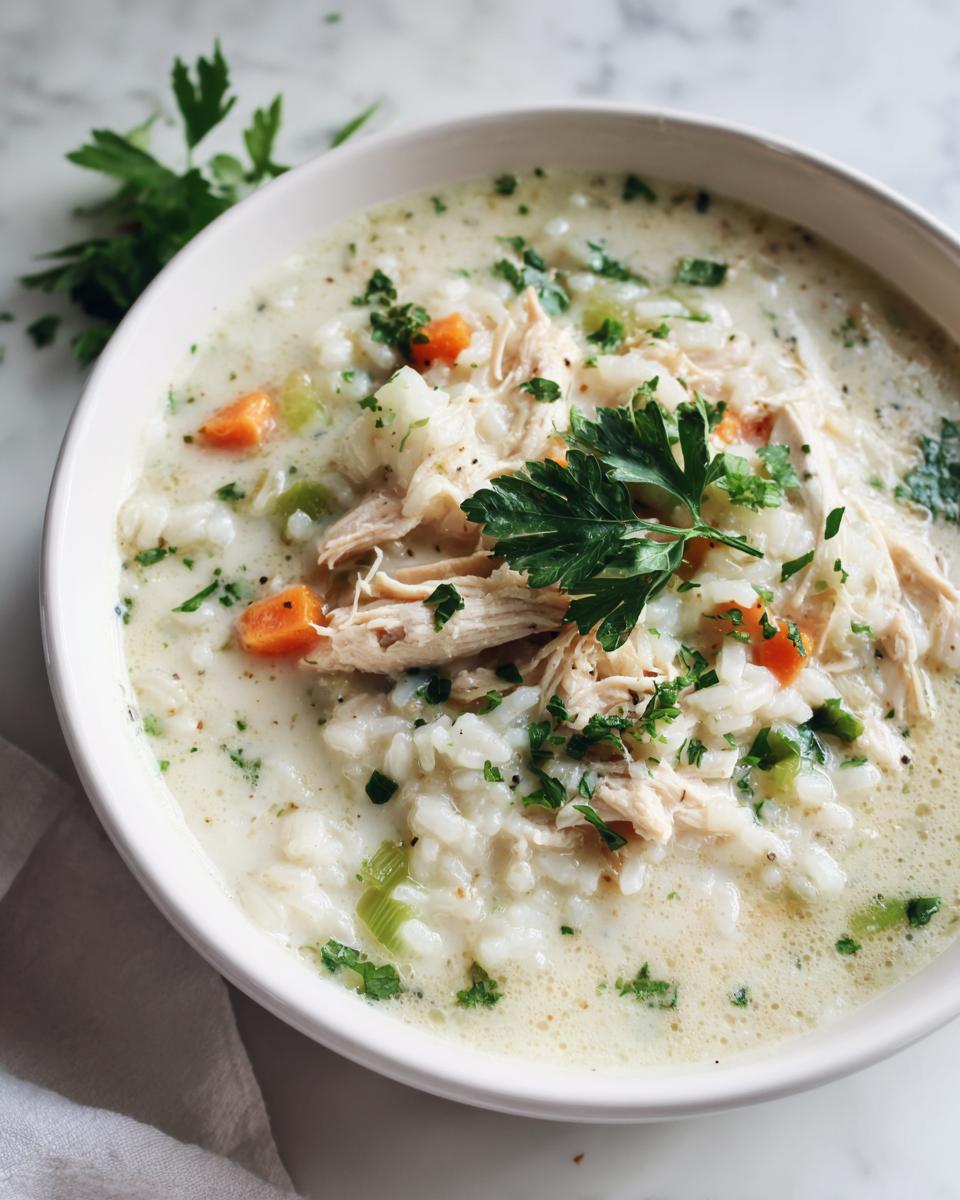 Close-up of creamy chicken and rice soup with shredded chicken, carrots, celery, and parsley garnish.