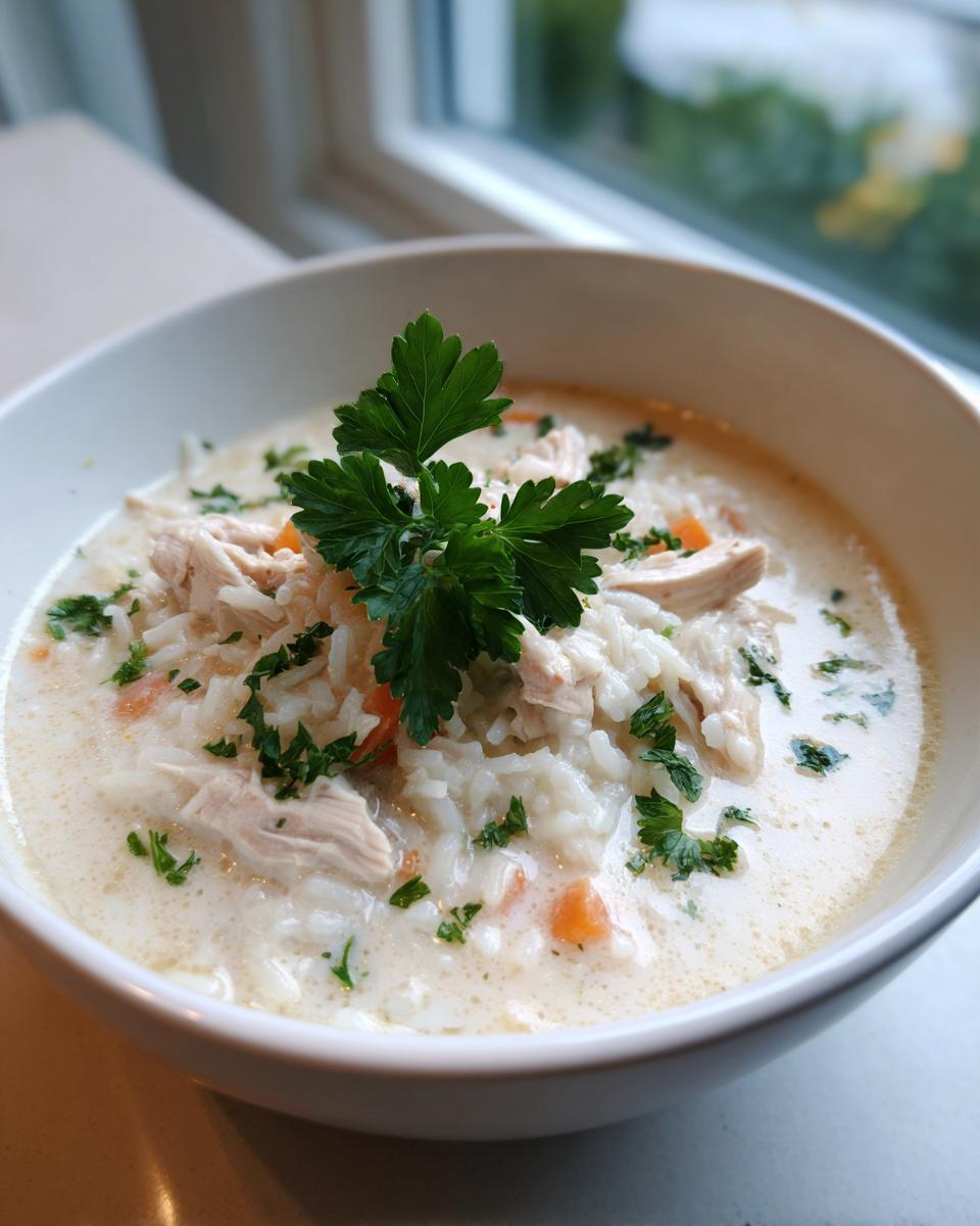 A close-up of a bowl of creamy chicken and rice soup topped with shredded chicken, rice, carrots, and fresh parsley.