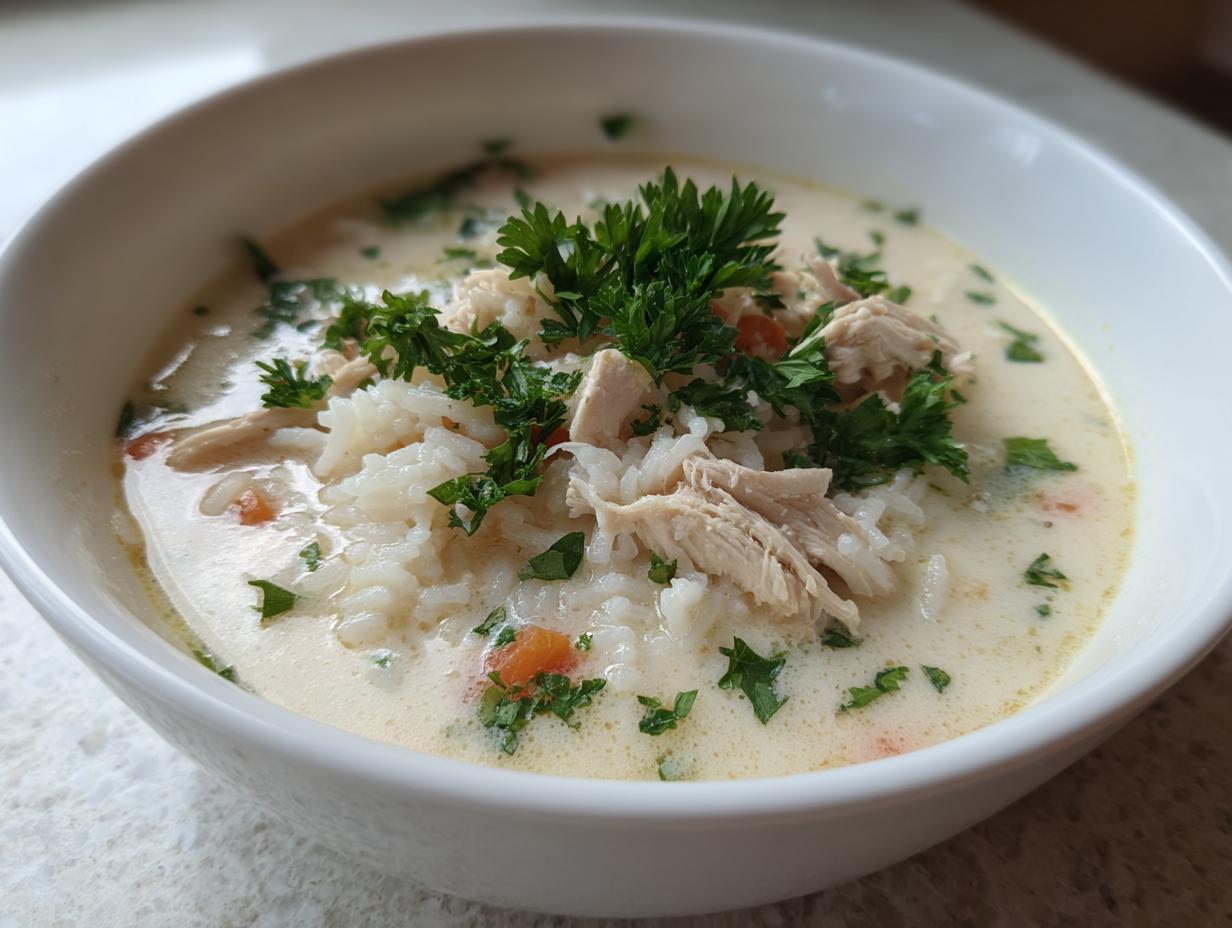 Close-up of creamy chicken and rice soup topped with shredded chicken and fresh parsley.