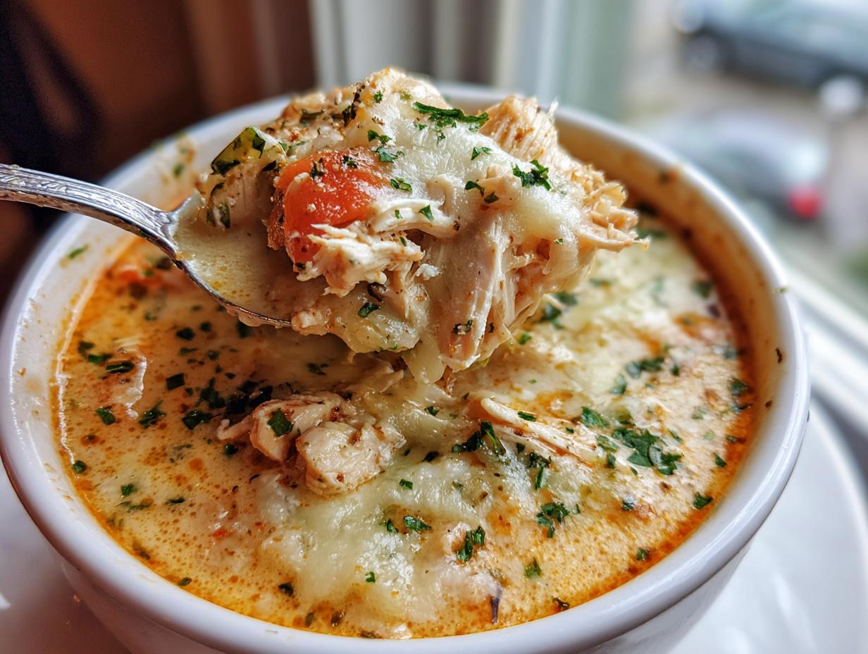 A spoonful of creamy chicken parmesan soup, loaded with shredded chicken and melted cheese, lifted from the bowl.