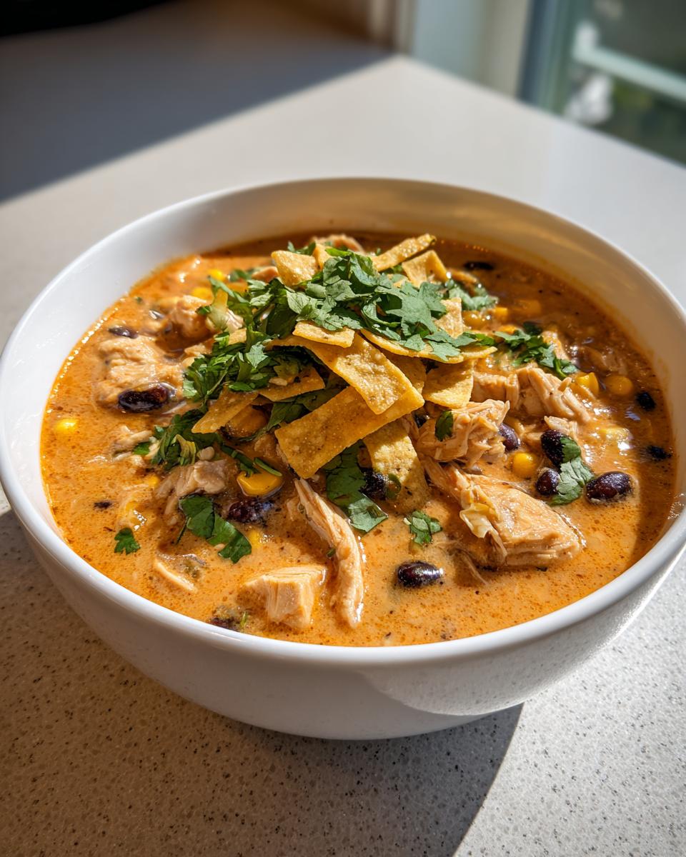 A close-up of creamy chicken tortilla soup topped with tortilla strips and fresh cilantro.