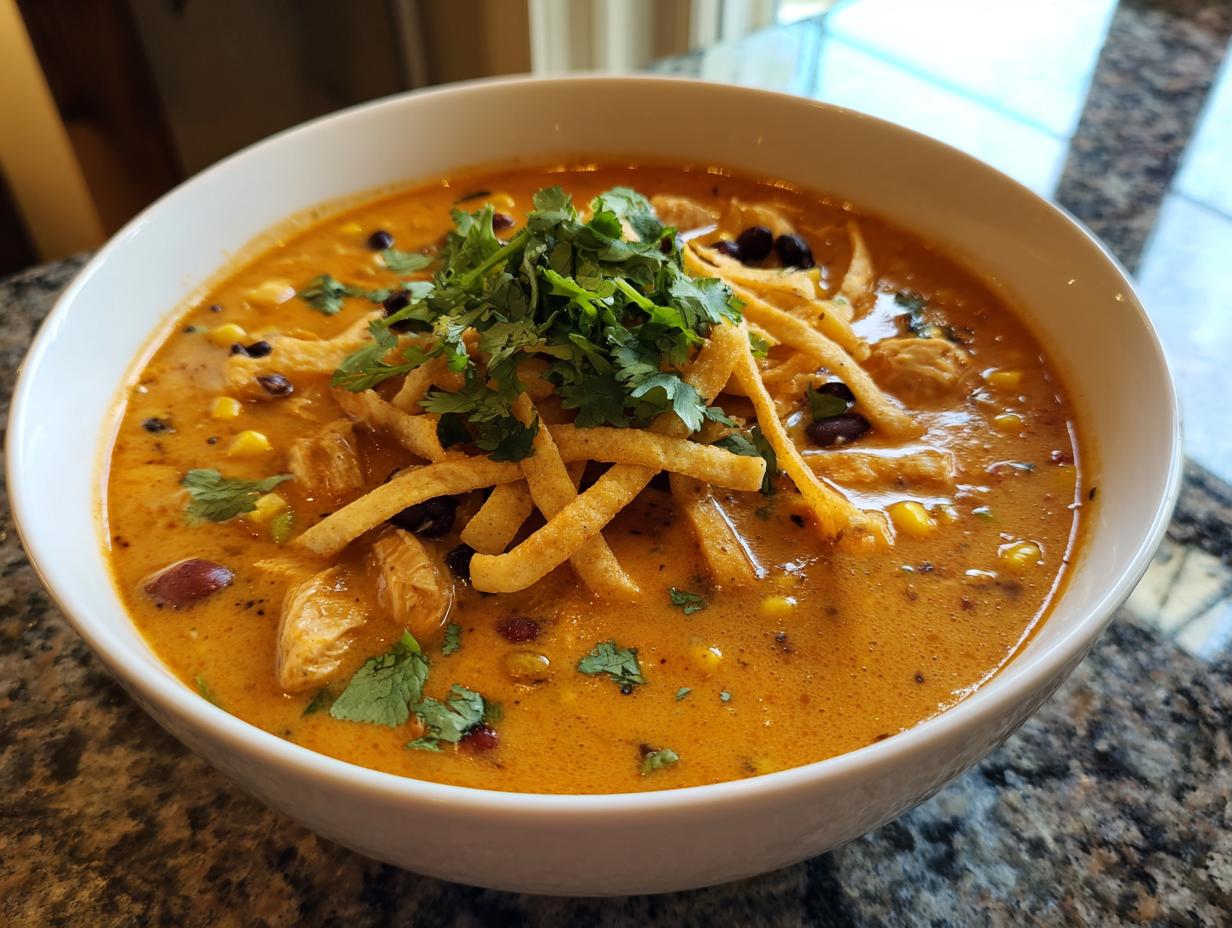 A close-up of a white bowl filled with creamy chicken tortilla soup, topped with crispy tortilla strips, black beans, and fresh cilantro.