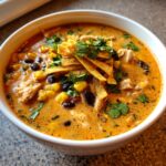 A close-up of a bowl of creamy chicken tortilla soup topped with corn, black beans, tortilla strips, and cilantro.