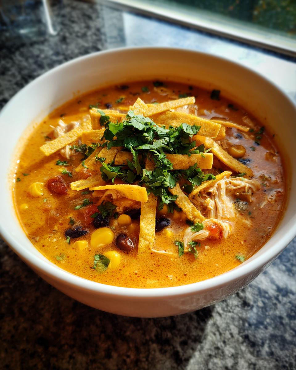 A close-up of creamy chicken tortilla soup topped with tortilla strips, corn, black beans, and fresh cilantro.
