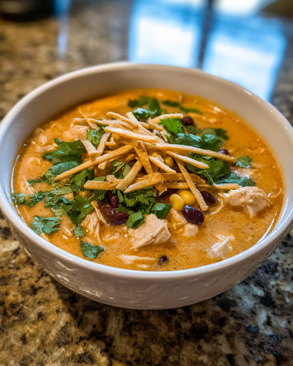 A close-up of creamy chicken tortilla soup topped with shredded chicken, beans, cilantro, and crispy tortilla strips.