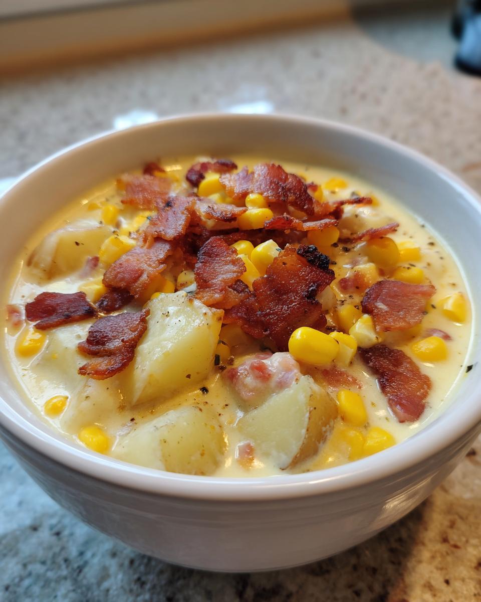 A close-up of a white bowl filled with creamy corn chowder, featuring chunks of potato, corn kernels, and crispy bacon pieces.