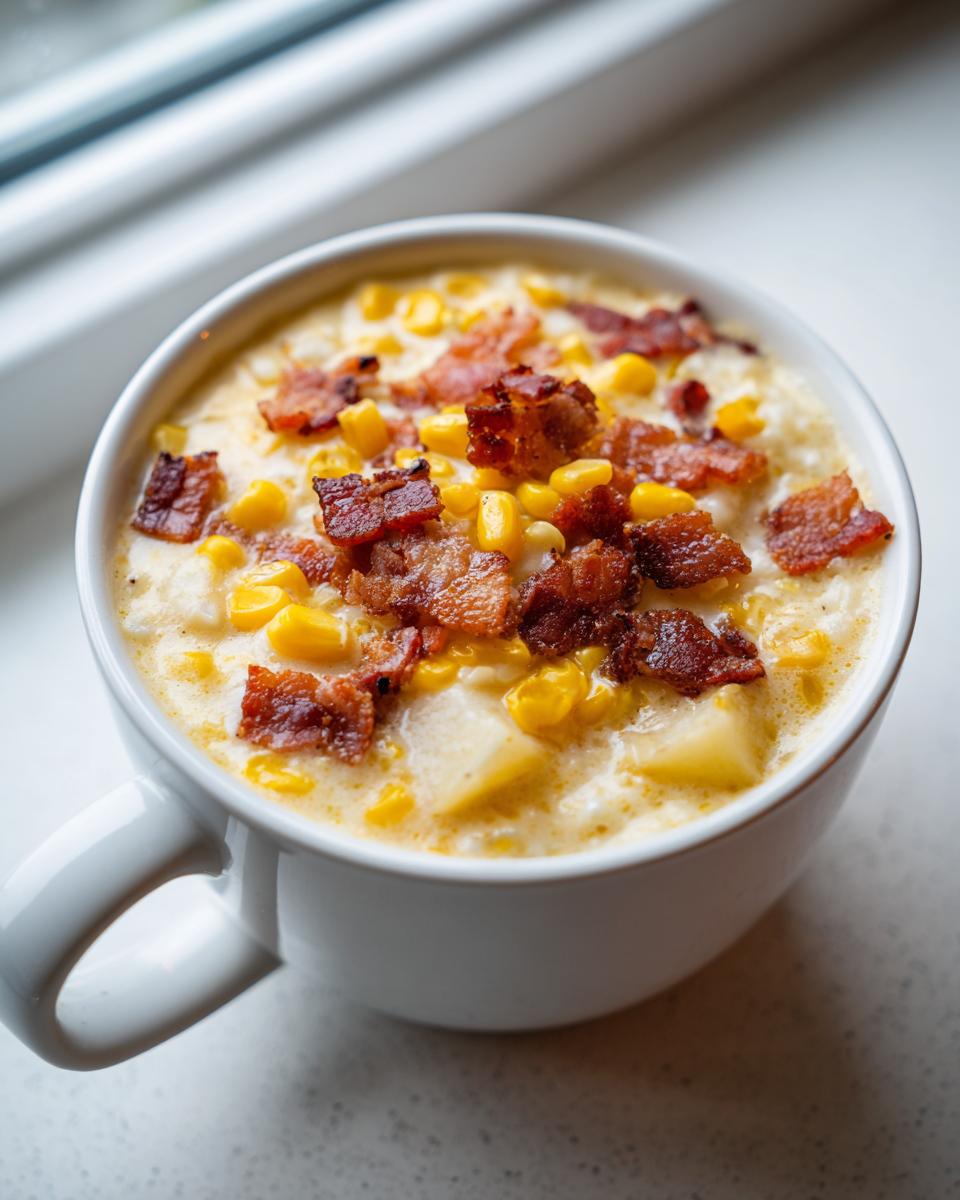 Close-up of a white mug filled with creamy corn chowder, topped generously with yellow corn kernels and crispy bacon pieces.