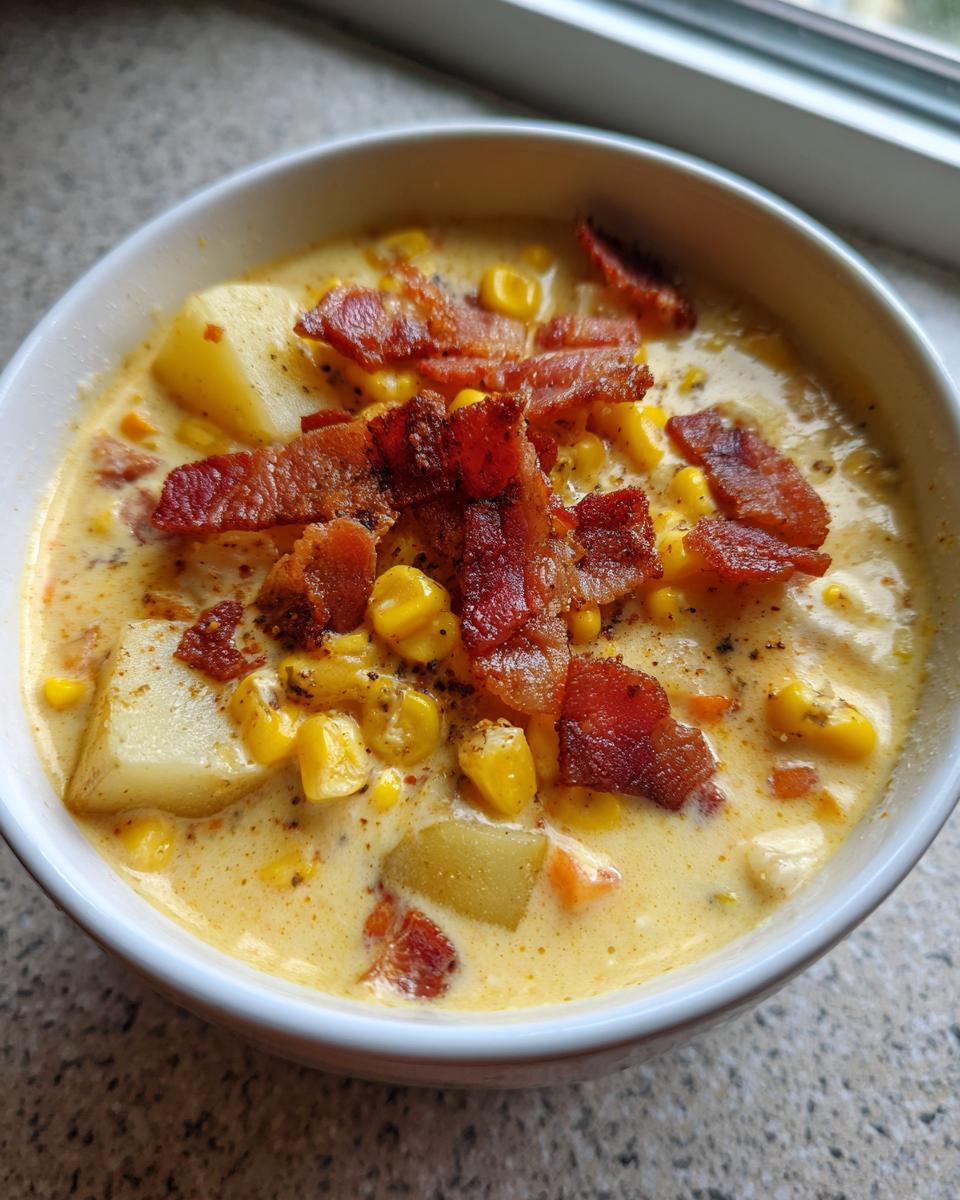 Close-up of a bowl of creamy corn chowder filled with corn, potatoes, and topped generously with crispy bacon pieces.