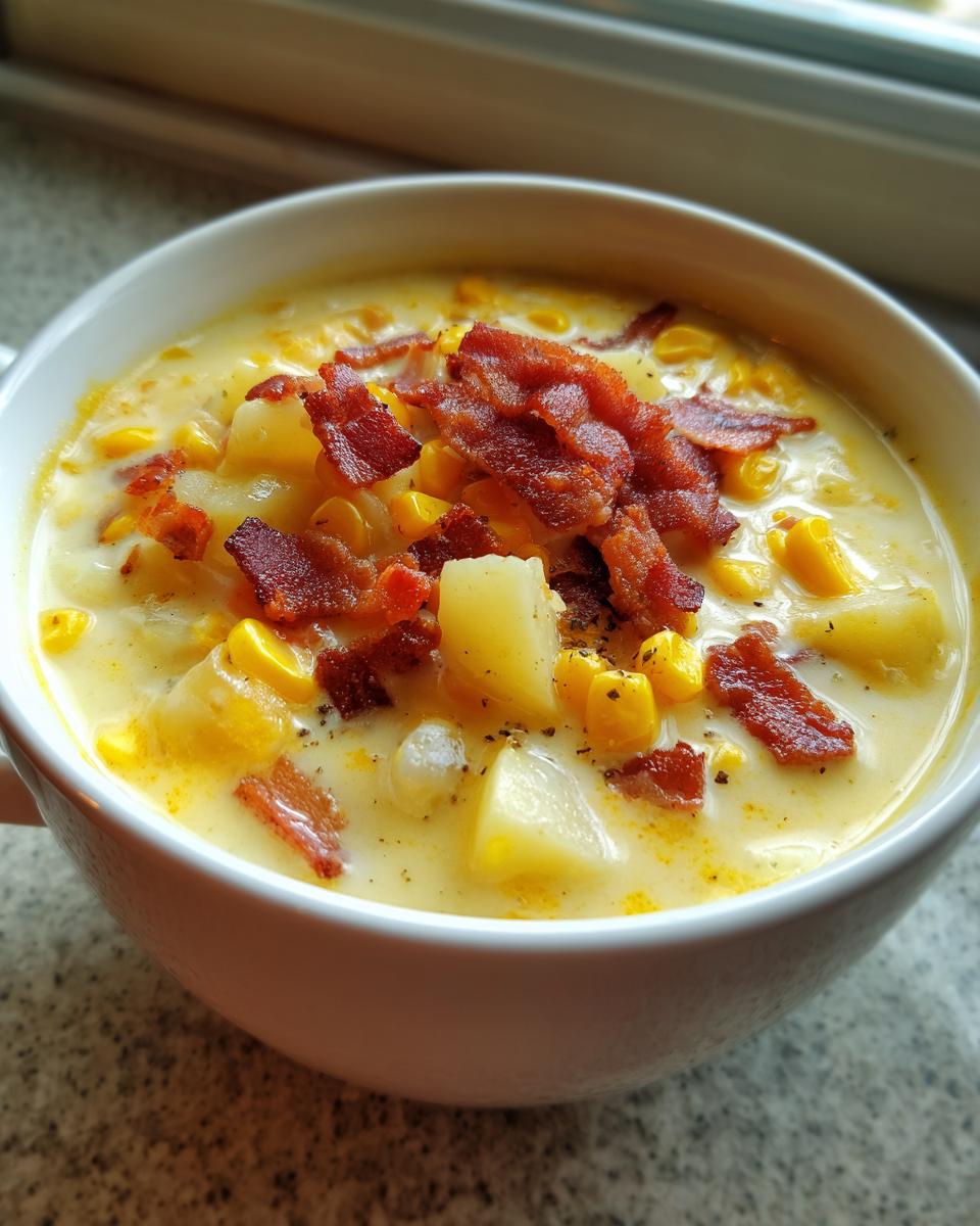 Close-up of a white bowl filled with creamy corn chowder, featuring chunks of potato, corn kernels, and crispy bacon bits.